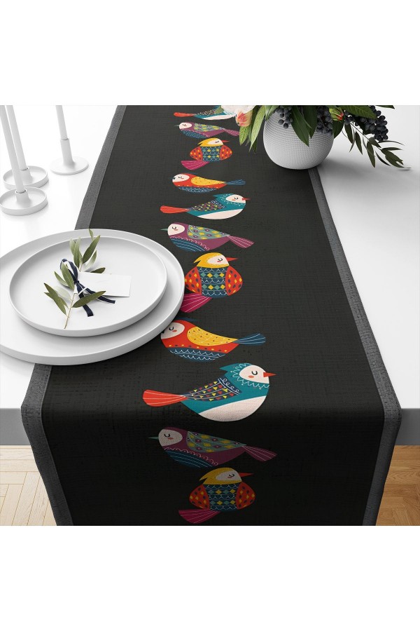 Renkli Kuşlar Siyah Desenli Baskılı Leke Tutmaz Dertsiz Dekoratif Runner Örtüsü 40x140cm