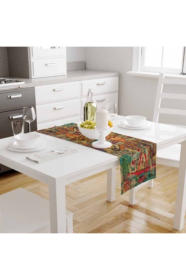 Mısır Hitit Etnik Desenli Baskılı Leke Tutmaz Dertsiz Dekoratif Runner Örtüsü 40x140cm
