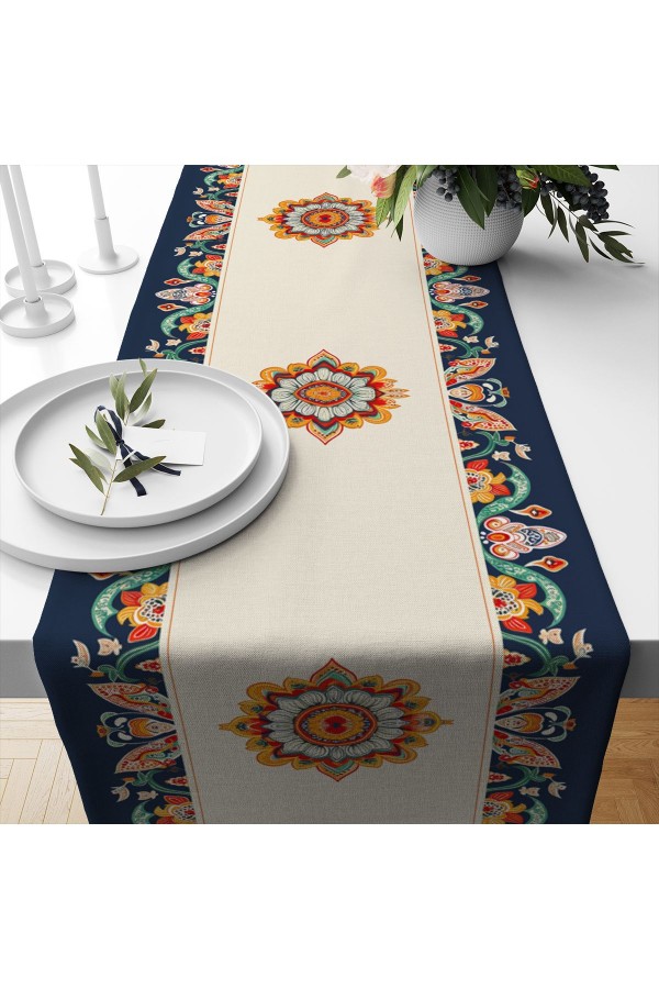 Osmanlı Etnik Desenli Baskılı Leke Tutmaz Dertsiz Dekoratif Runner Örtüsü 40x140cm