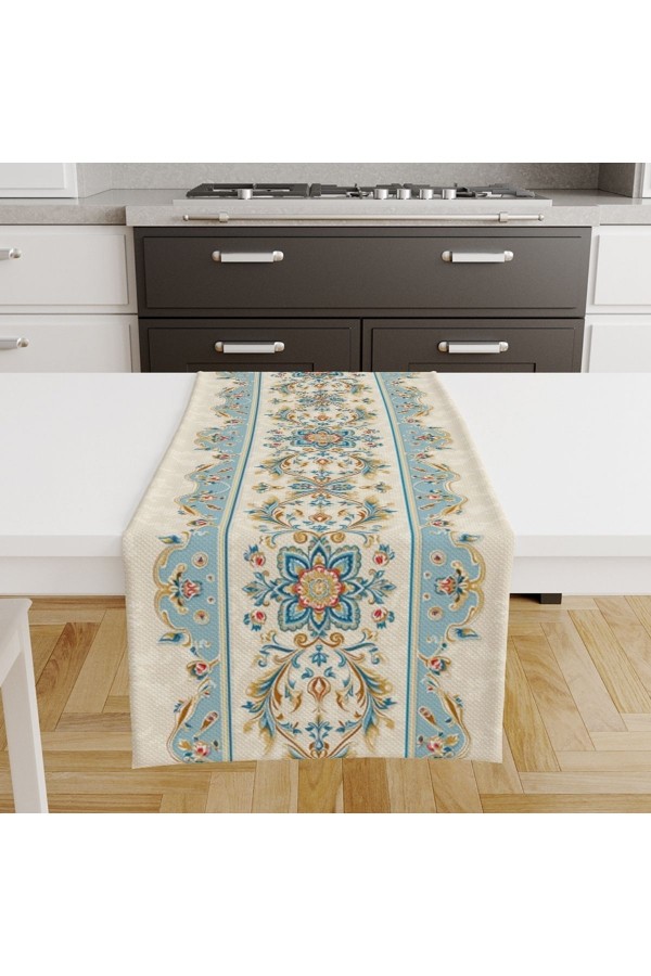 Mavi Etnik Desenli Baskılı Leke Tutmaz Dertsiz Dekoratif Runner Örtüsü 40x140cm