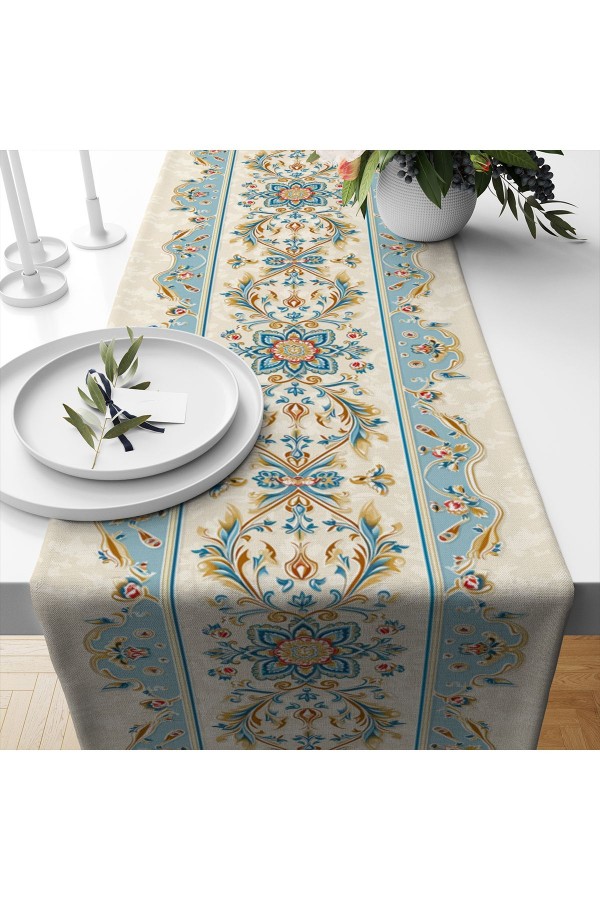 Mavi Etnik Desenli Baskılı Leke Tutmaz Dertsiz Dekoratif Runner Örtüsü 40x140cm