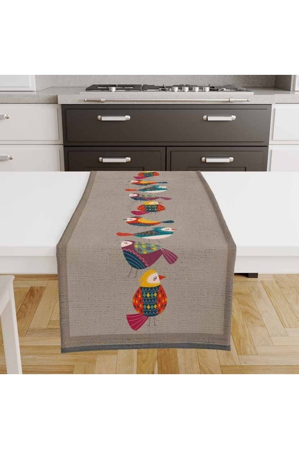 Renkli Kuşlar Gri Desenli Baskılı Leke Tutmaz Dertsiz Dekoratif Runner Örtüsü 40x140cm
