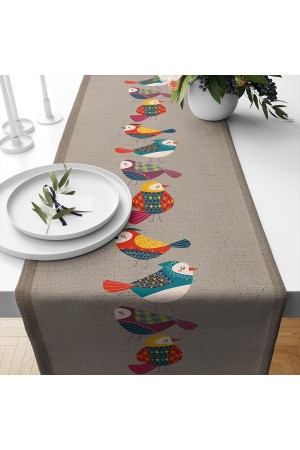 Renkli Kuşlar Gri Desenli Baskılı Leke Tutmaz Dertsiz Dekoratif Runner Örtüsü 40x140cm