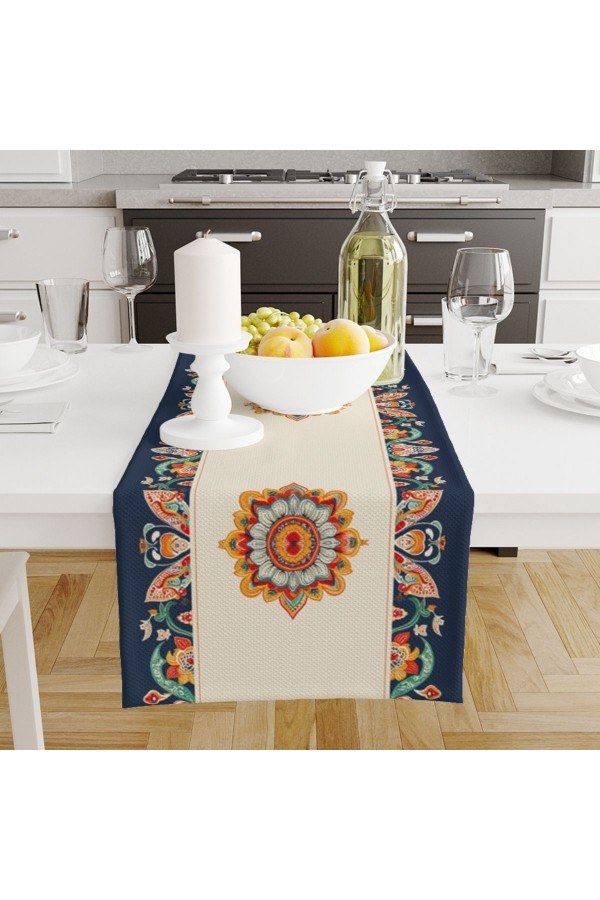Osmanlı Etnik Desenli Baskılı Leke Tutmaz Dertsiz Dekoratif Runner Örtüsü 40x140cm