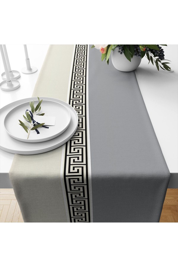 Gri Beyaz Kilit Desenli Baskılı Leke Tutmaz Dertsiz Dekoratif Runner Örtüsü 40x140cm