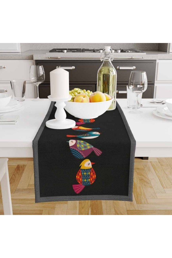 Renkli Kuşlar Siyah Desenli Baskılı Leke Tutmaz Dertsiz Dekoratif Runner Örtüsü 40x140cm
