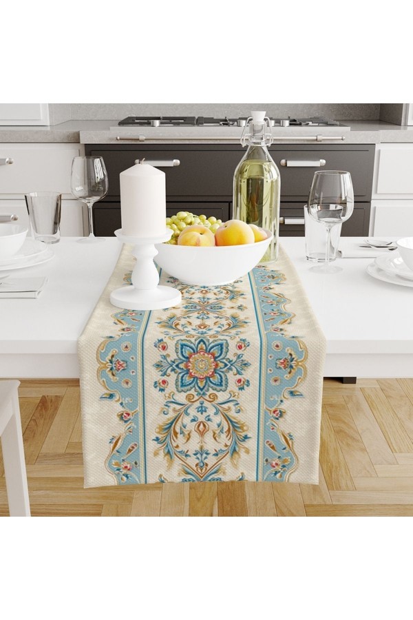 Mavi Etnik Desenli Baskılı Leke Tutmaz Dertsiz Dekoratif Runner Örtüsü 40x140cm