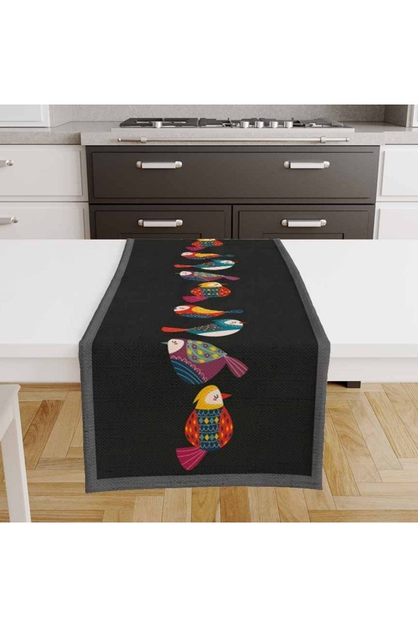 Renkli Kuşlar Siyah Desenli Baskılı Leke Tutmaz Dertsiz Dekoratif Runner Örtüsü 40x140cm