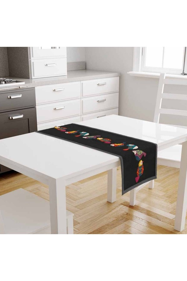 Renkli Kuşlar Siyah Desenli Baskılı Leke Tutmaz Dertsiz Dekoratif Runner Örtüsü 40x140cm