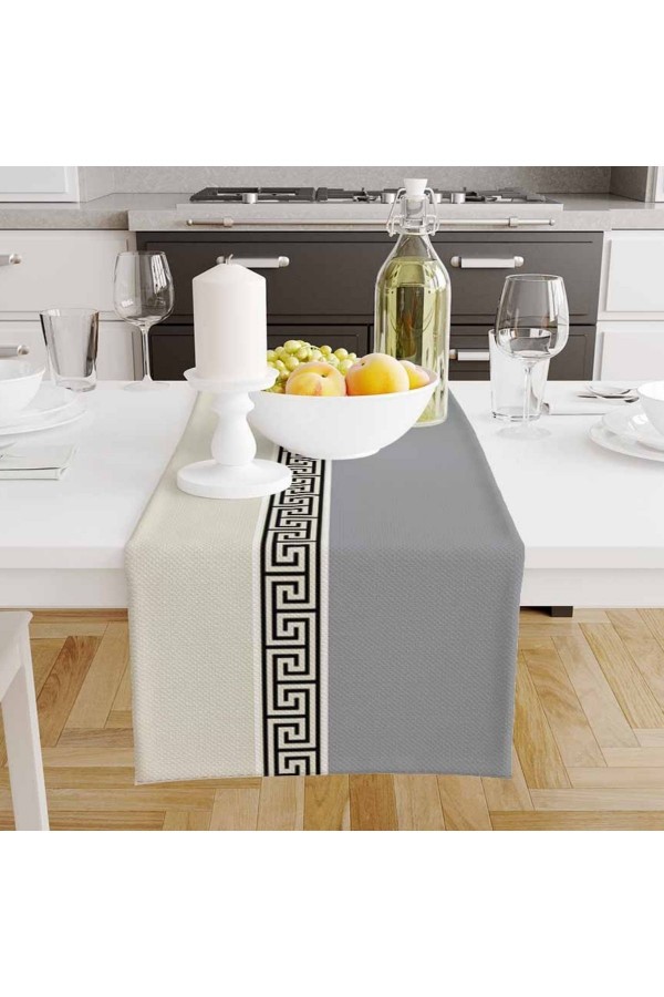 Gri Beyaz Kilit Desenli Baskılı Leke Tutmaz Dertsiz Dekoratif Runner Örtüsü 40x140cm