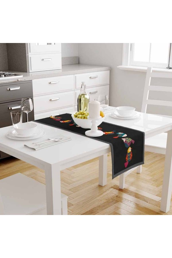 Renkli Kuşlar Siyah Desenli Baskılı Leke Tutmaz Dertsiz Dekoratif Runner Örtüsü 40x140cm