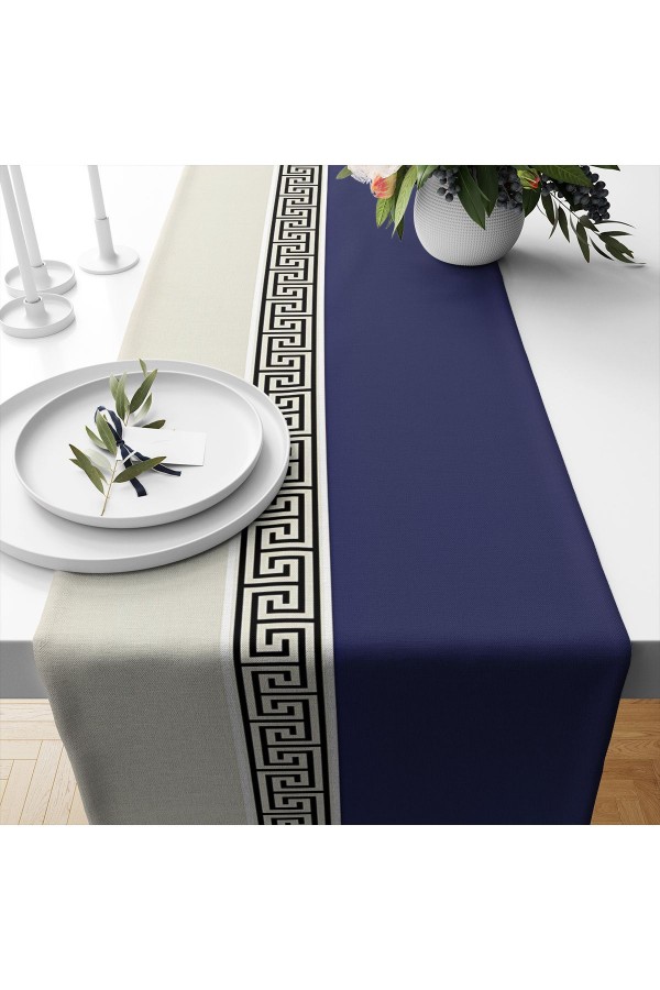 Lacivert Kilit Desenli Baskılı Leke Tutmaz Dertsiz Dekoratif Runner Örtüsü 40x140cm