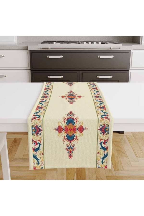 Vintage Çiçekler Desenli Baskılı Leke Tutmaz Dertsiz Dekoratif Runner Örtüsü 40x140cm