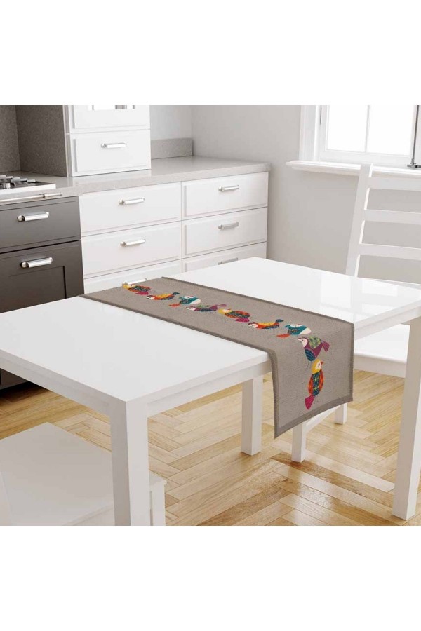 Renkli Kuşlar Gri Desenli Baskılı Leke Tutmaz Dertsiz Dekoratif Runner Örtüsü 40x140cm