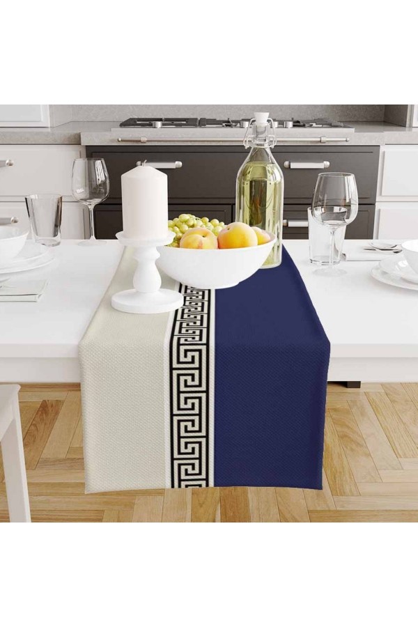 Lacivert Kilit Desenli Baskılı Leke Tutmaz Dertsiz Dekoratif Runner Örtüsü 40x140cm