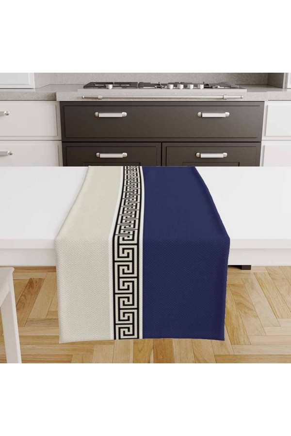 Lacivert Kilit Desenli Baskılı Leke Tutmaz Dertsiz Dekoratif Runner Örtüsü 40x140cm