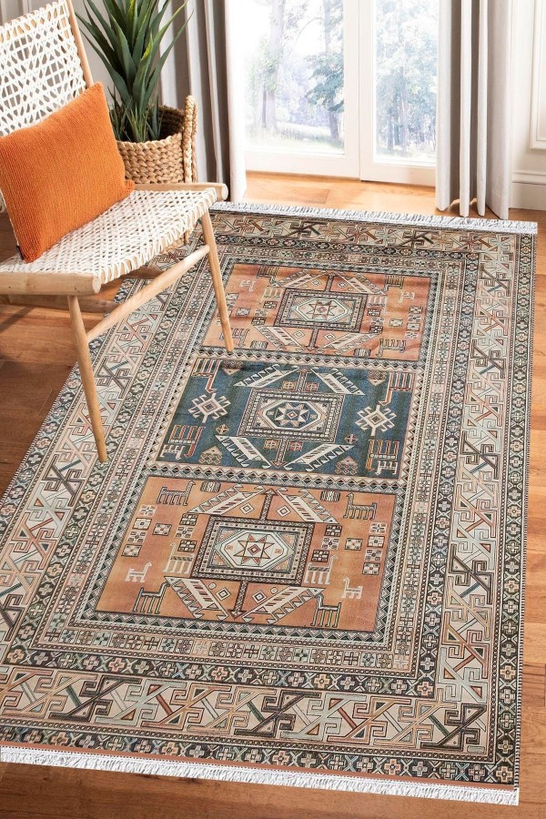 Bambu Serisi Vintage Yıkanabilir Kaymaz Taban Modern Salon Halısı Klasik Kilim No:5