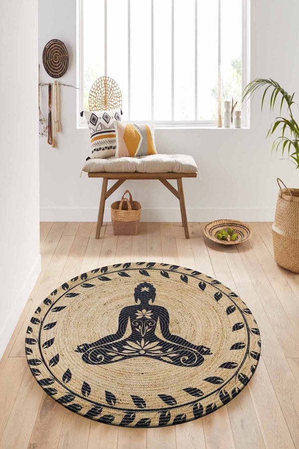 Else Yoga Meditasyon Desenli Doğal El Örgü Yuvarlak Dekoratif Jüt Hasır Kilim Bkj05