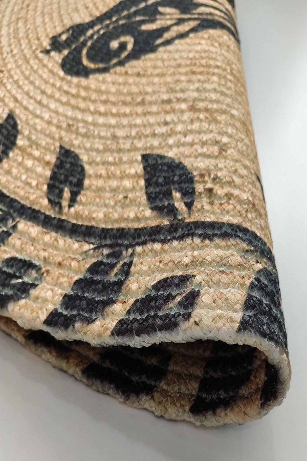 Else Yoga Meditasyon Desenli Doğal El Örgü Yuvarlak Dekoratif Jüt Hasır Kilim Bkj05