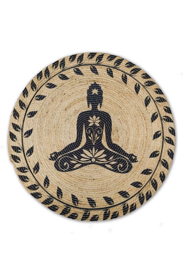 Else Yoga Meditasyon Desenli Doğal El Örgü Yuvarlak Dekoratif Jüt Hasır Kilim Bkj05