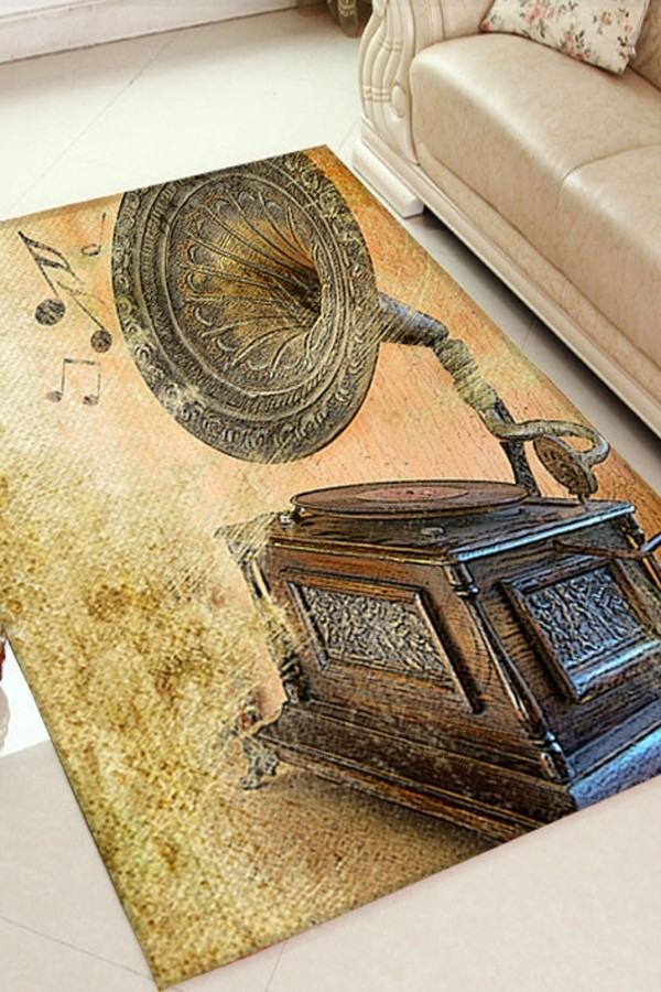 Else Hali Müzikli Gramafon 3D Baskili Modern Halilar Else Hali Müzikli Gramafon 3D Baskili Modern Halilar