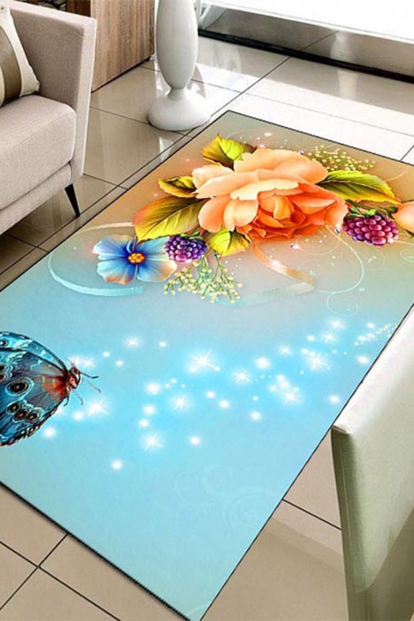 Else Hali Cicekli Mavi Kelebekli 3D Dekoratif 3D Salon Halilari Else Hali Cicekli Mavi Kelebekli 3D Dekoratif 3D Salon Halilari