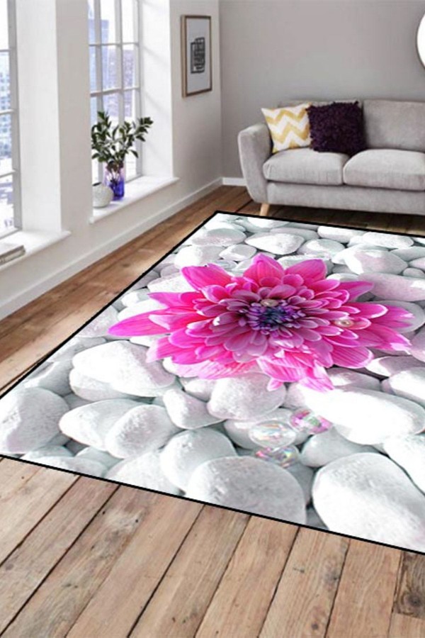 Else Hali Pembe Çiçek Dekoratif Modern 3D Salon Halilari