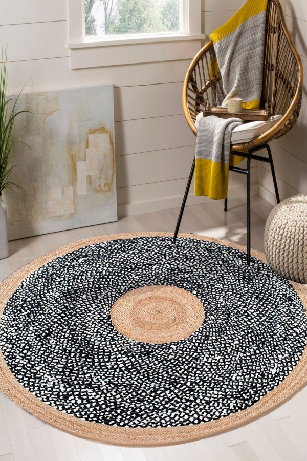 Siyah Beyaz Bolero Örme Jüt Örgü Halı Hasır Kilim