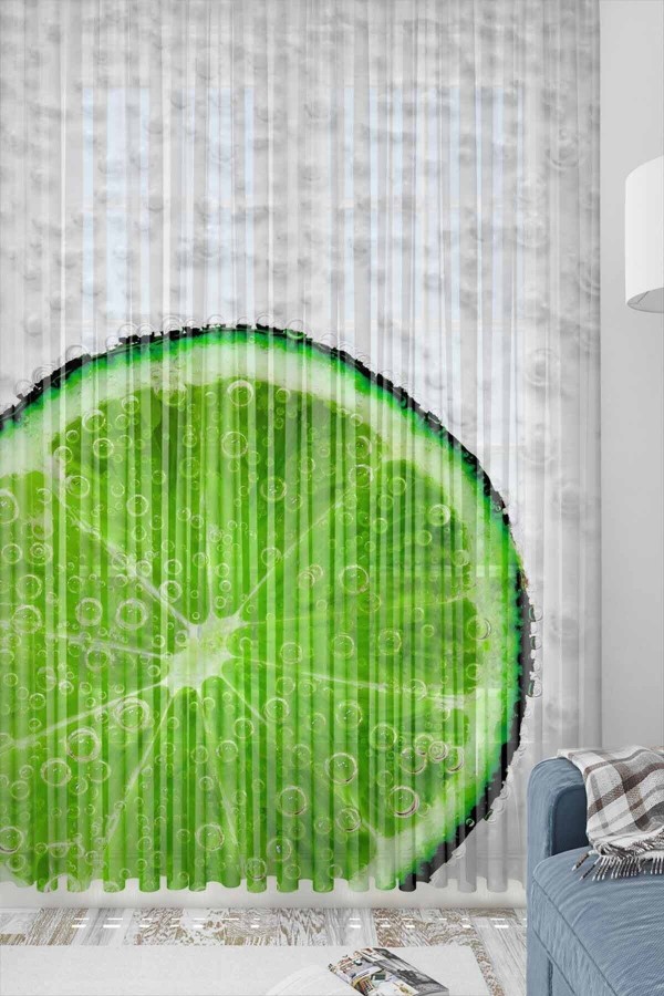 Else Sarı Yeşil Meyveler Desenli Dekoratif Modern Mutfak Tül Fon Perde