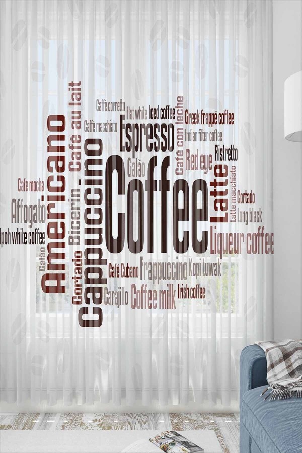 Else Büyük Kahve Yazılar Desenli Dekoratif Modern Mutfak Tül Fon Perde