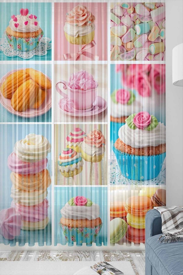 Pembe Küp Kekler Desenli Dekoratif Modern Mutfak Tül Fon Perde Pembe Küp Kekler Desenli Dekoratif Modern Mutfak Tül Fon Perde