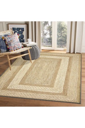 Else Krem Kahverengi Bordürlü Jüt Hasır Görünümlü Yıkanabilir Salon Halısı