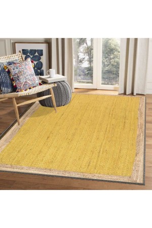 Else Kahverengi Bordürlü Sarı Jüt Hasır Görünümlü Yıkanabilir Salon Halısı