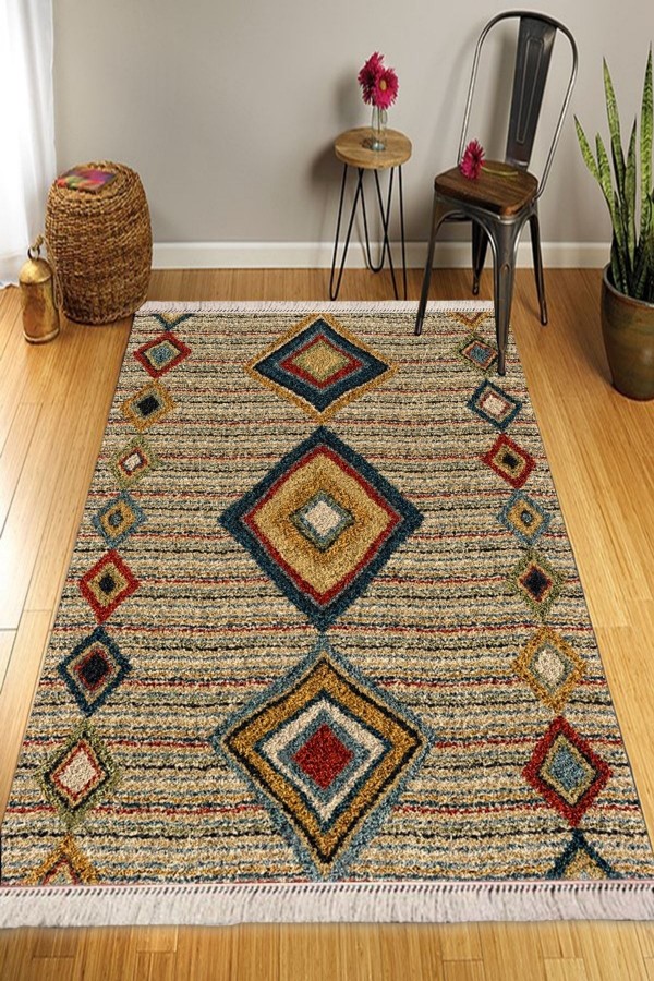 Kahve Sarı Retro Desenli Yıkanabilir Kaymaz Pamuk Taban Dekoratif Kilim Halı