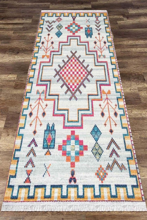 Anadolu Otantik Desenli Yıkanabilir Kaymaz Pamuk Taban Dekoratif Kilim Halı Anadolu Otantik Desenli Yıkanabilir Kaymaz Pamuk Taban Dekoratif Kilim Halı