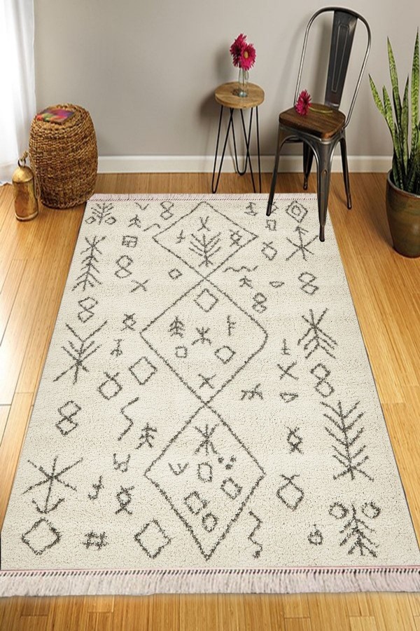 Else Krem Iskandinav Desenli Yıkanabilir Kaymaz Pamuk Taban Dekoratif Kilim Halı