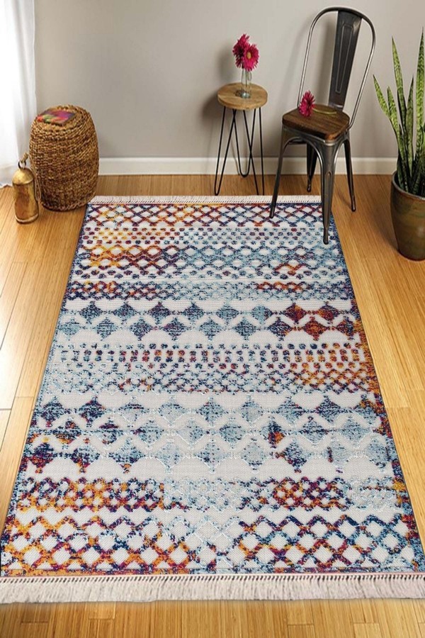Else Renkli Otantik Desenli Yıkanabilir Kaymaz Pamuk Taban Dekoratif Kilim Halı Tyr