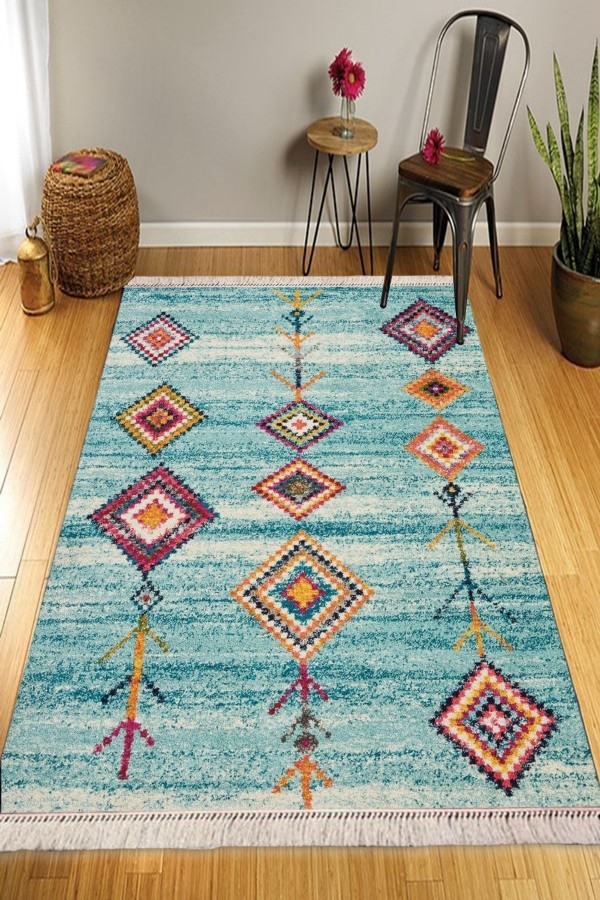 Else Mavi Renkli Karolar Vintage Desenli Yıkanabilir Kaymaz Pamuk Taban Dekoratif Kilim Halı Else Mavi Renkli Karolar Vintage Desenli Yıkanabilir Kaymaz Pamuk Taban Dekoratif Kilim Halı