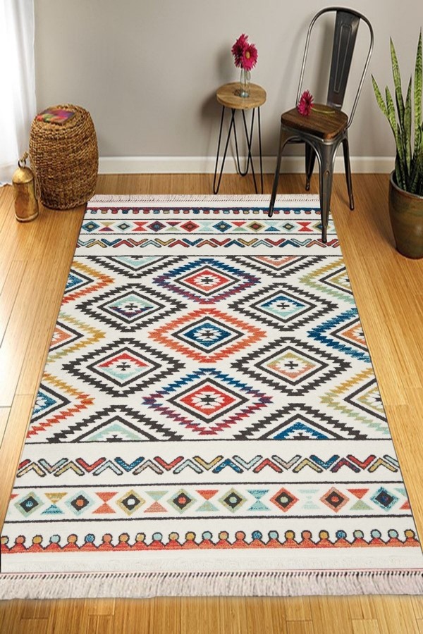 Else Renkli Karolar Otantik Desenli Yıkanabilir Kaymaz Pamuk Taban Dekoratif Kilim Halı