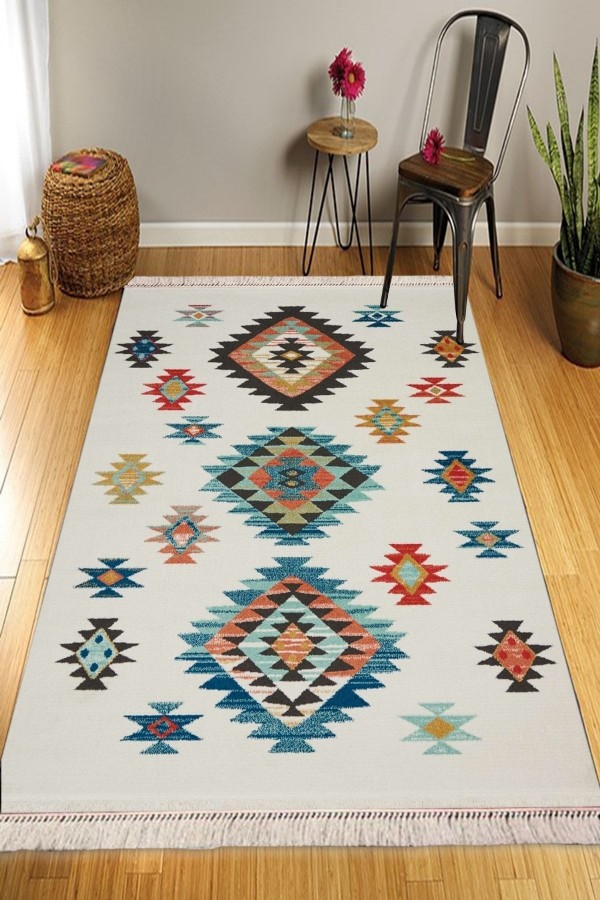 Else Renkli Vintage Desenli Yıkanabilir Kaymaz Pamuk Taban Dekoratif Kilim Halı