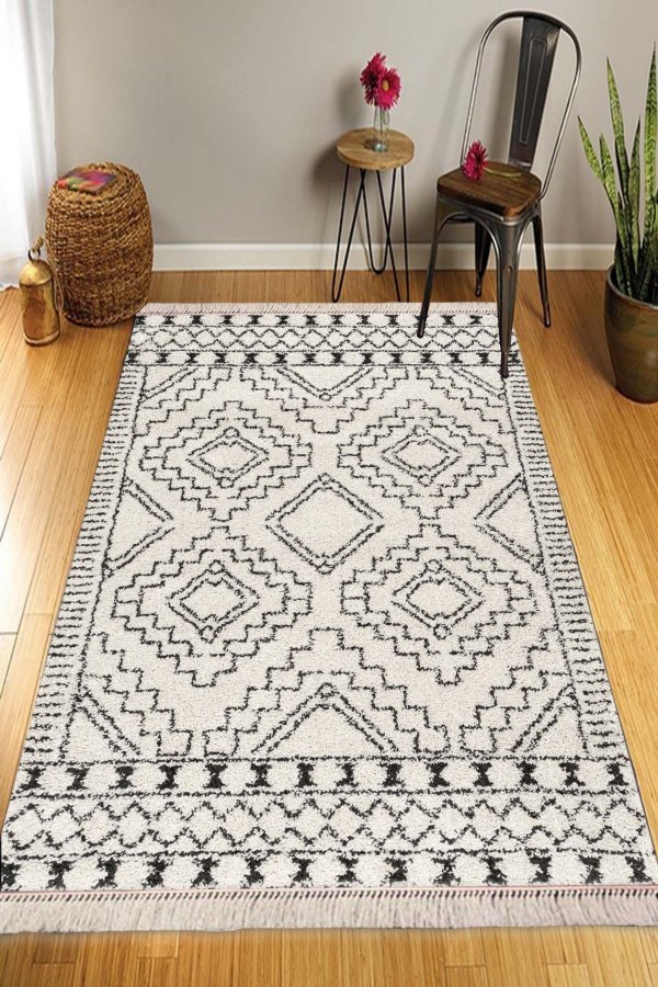 Else Gri Beyaz Desenli Iskandinav Yıkanabilir Kaymaz Pamuk Taban Dekoratif Kilim Halı