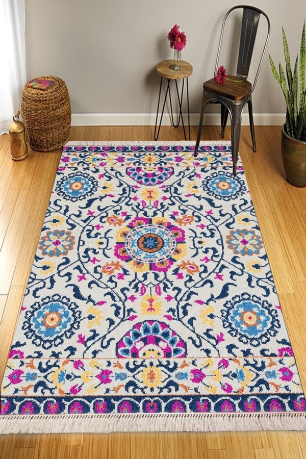 Else Osmanlı Vintage Desenli Yıkanabilir Kaymaz Pamuk Taban Dekoratif Kilim Halı