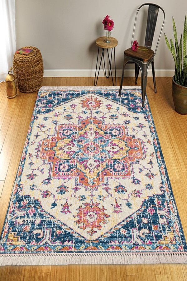 Else Anaolu Eskitme Etnik Desenli Yıkanabilir Kaymaz Pamuk Taban Dekoratif Kilim Halı