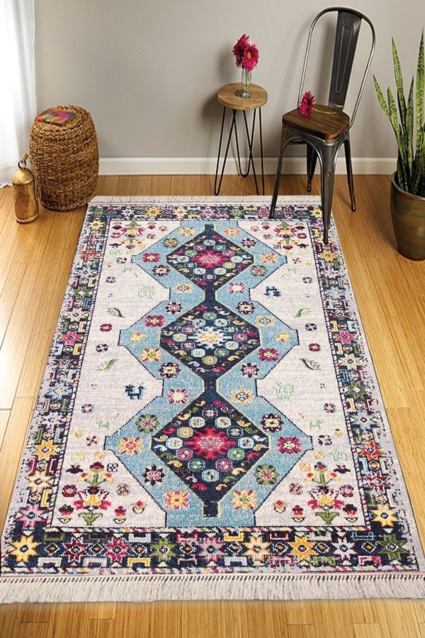 Else Renkli Anadolu Desenli Yıkanabilir Kaymaz Pamuk Taban Dekoratif Kilim Halı
