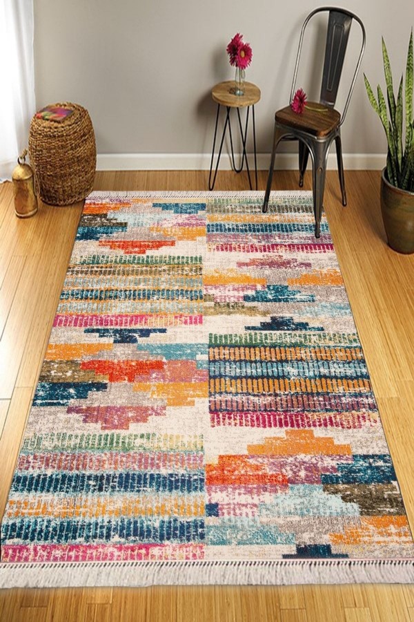 Else Renkli Çizgili Desenli Yıkanabilir Kaymaz Pamuk Taban Dekoratif Kilim Halı Else Renkli Çizgili Desenli Yıkanabilir Kaymaz Pamuk Taban Dekoratif Kilim Halı