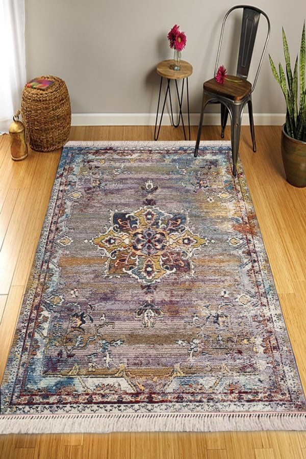Else Etnik Eskitme Desenli Yıkanabilir Kaymaz Pamuk Taban Dekoratif Kilim Halı