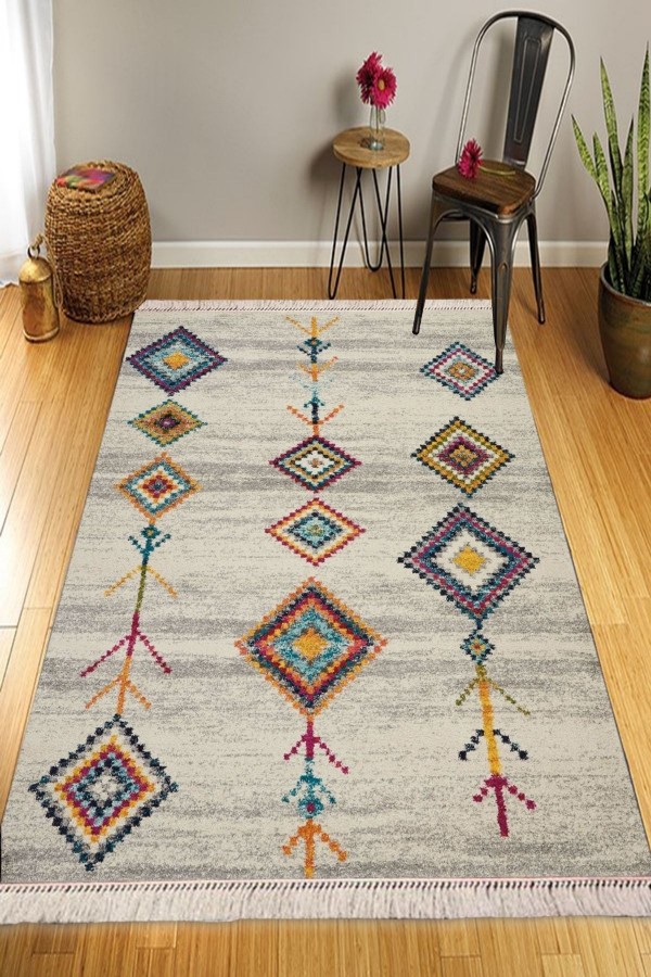 Else Krem Renkli Otantik Desenli Yıkanabilir Kaymaz Pamuk Taban Dekoratif Kilim Halı
