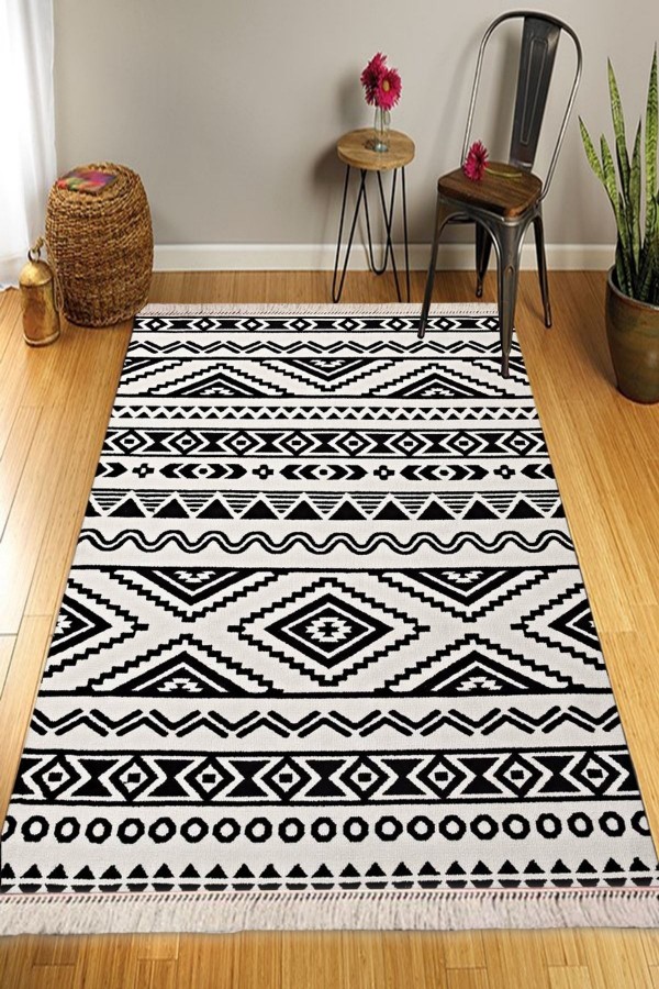Else Siyah Beyaz Desenli Iskandinav Yıkanabilir Kaymaz Pamuk Taban Dekoratif Kilim Halı Tyr