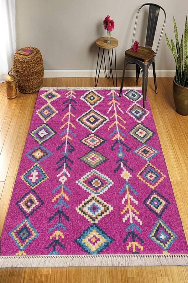 Else Mor Renkli Karolar Etnik Desenli Yıkanabilir Kaymaz Pamuk Taban Dekoratif Kilim Halı Else Mor Renkli Karolar Etnik Desenli Yıkanabilir Kaymaz Pamuk Taban Dekoratif Kilim Halı