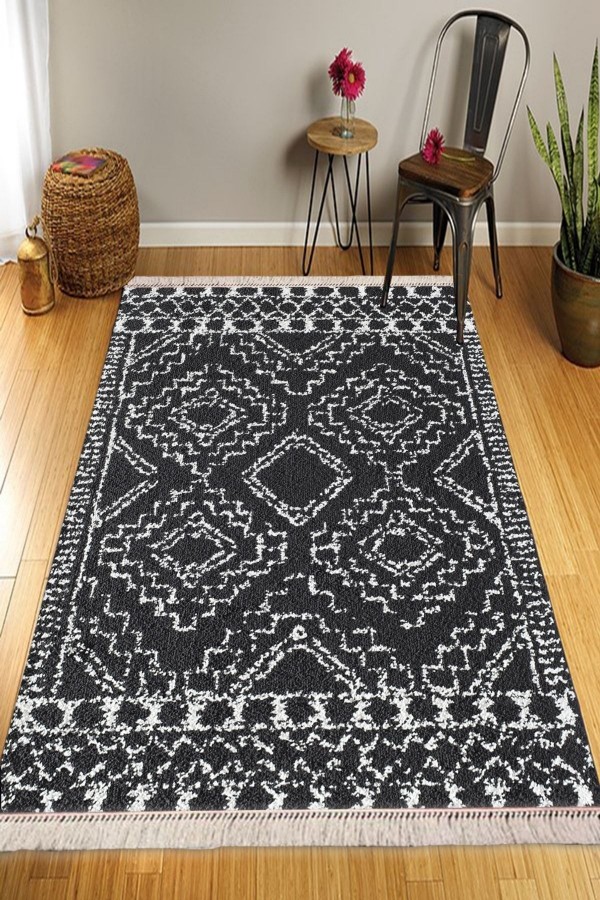 Else Siyah Beyaz Otantik Desenli Yıkanabilir Kaymaz Pamuk Taban Dekoratif Kilim Halı Else Siyah Beyaz Otantik Desenli Yıkanabilir Kaymaz Pamuk Taban Dekoratif Kilim Halı